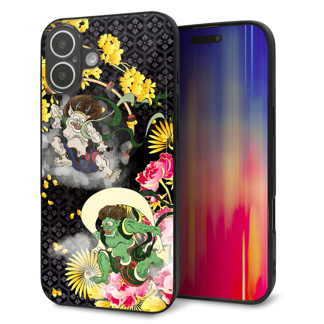 iPhone 16 Plus 強化ガラス&TPUスマホケース ガラプリ【HA239 風神雷神 牡丹】