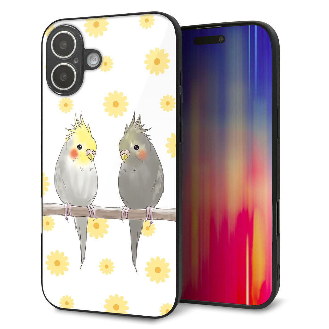 iPhone 16 Plus 強化ガラス&TPUスマホケース ガラプリ【HA274 オカメインコ 花】