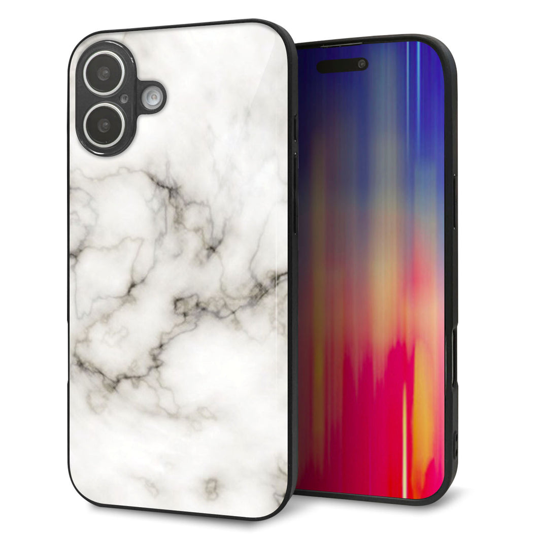 iPhone 16 Plus 強化ガラス&TPUスマホケース ガラプリ【KM871 大理石WH】