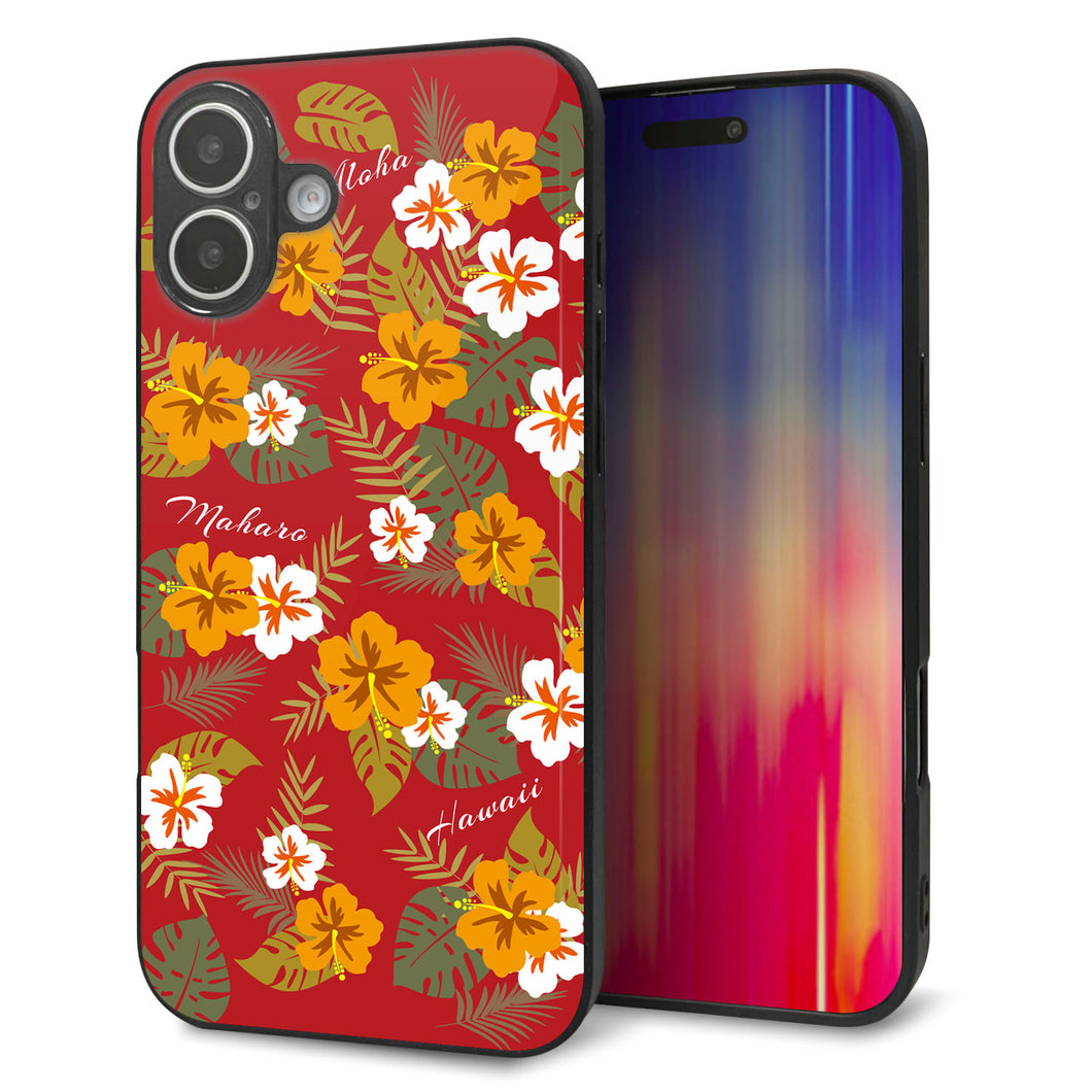 iPhone 16 Plus 強化ガラス&TPUスマホケース ガラプリ【SC885 ハワイアンアロハレトロ(レッド)】