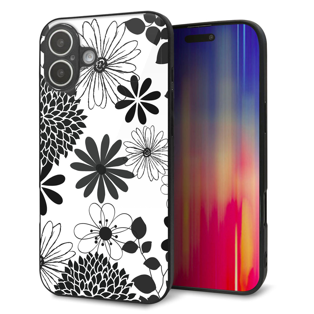 iPhone 16 Plus 強化ガラス&TPUスマホケース ガラプリ【SC912 花柄モノトーン 01】