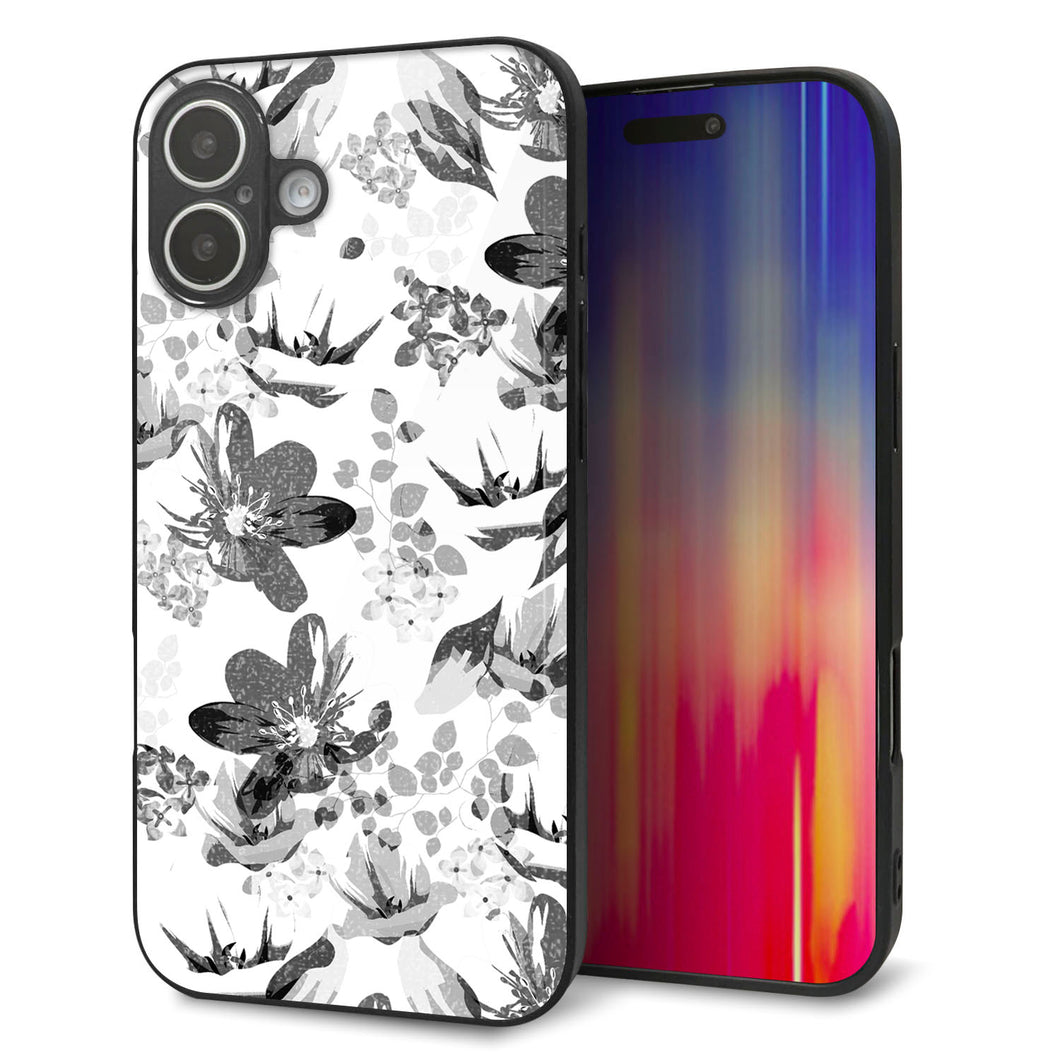 iPhone 16 Plus 強化ガラス&TPUスマホケース ガラプリ【SC914 花柄モノトーン 03】