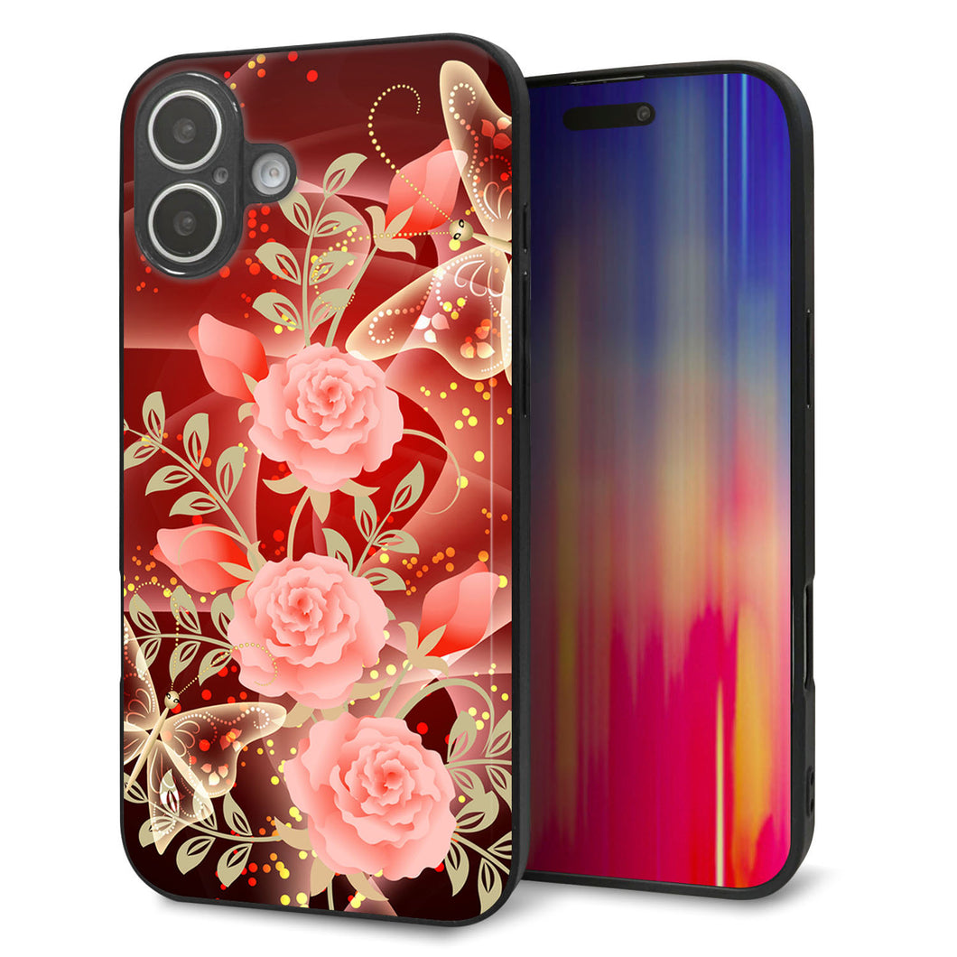 iPhone 16 Plus 強化ガラス&TPUスマホケース ガラプリ【VA824 魅惑の蝶とピンクのバラ】