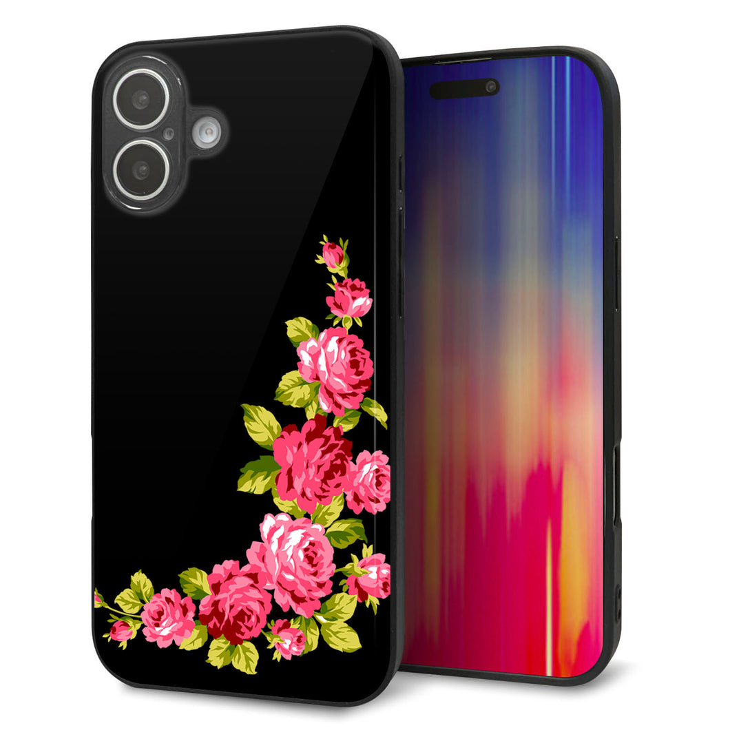 iPhone 16 Plus 強化ガラス&TPUスマホケース ガラプリ【VA826 バラのフレーム(黒)】