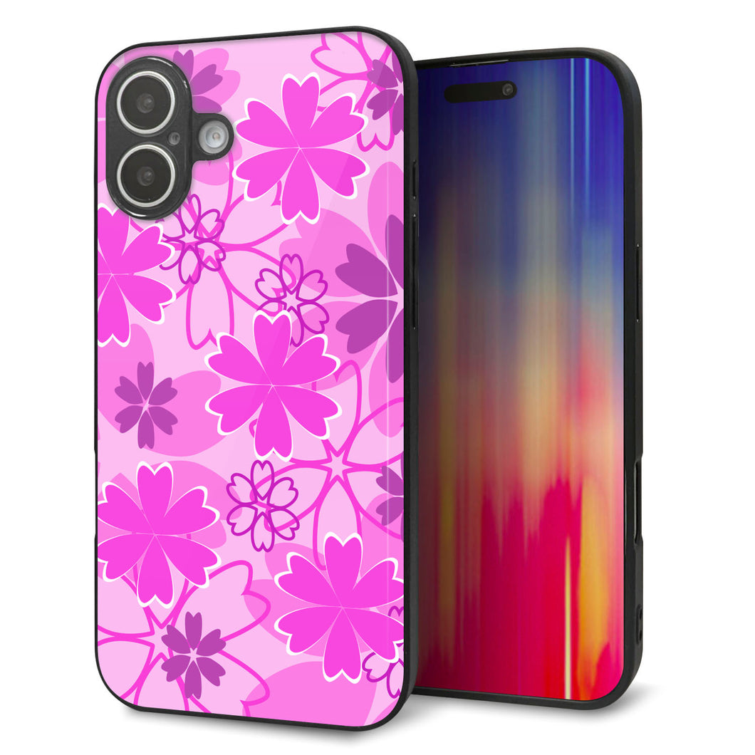 iPhone 16 Plus 強化ガラス&TPUスマホケース ガラプリ【VA961 重なり合う花 ピンク】