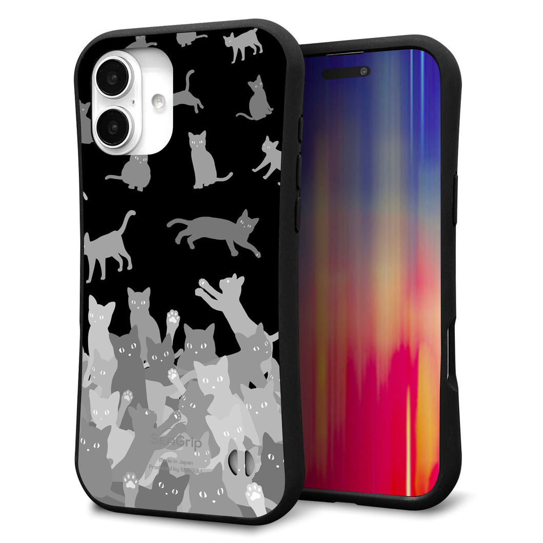 iPhone 16 Plus スマホケース 「SEA Grip」 グリップケース Sライン 【AG887 ネコ積もり 黒】 UV印刷