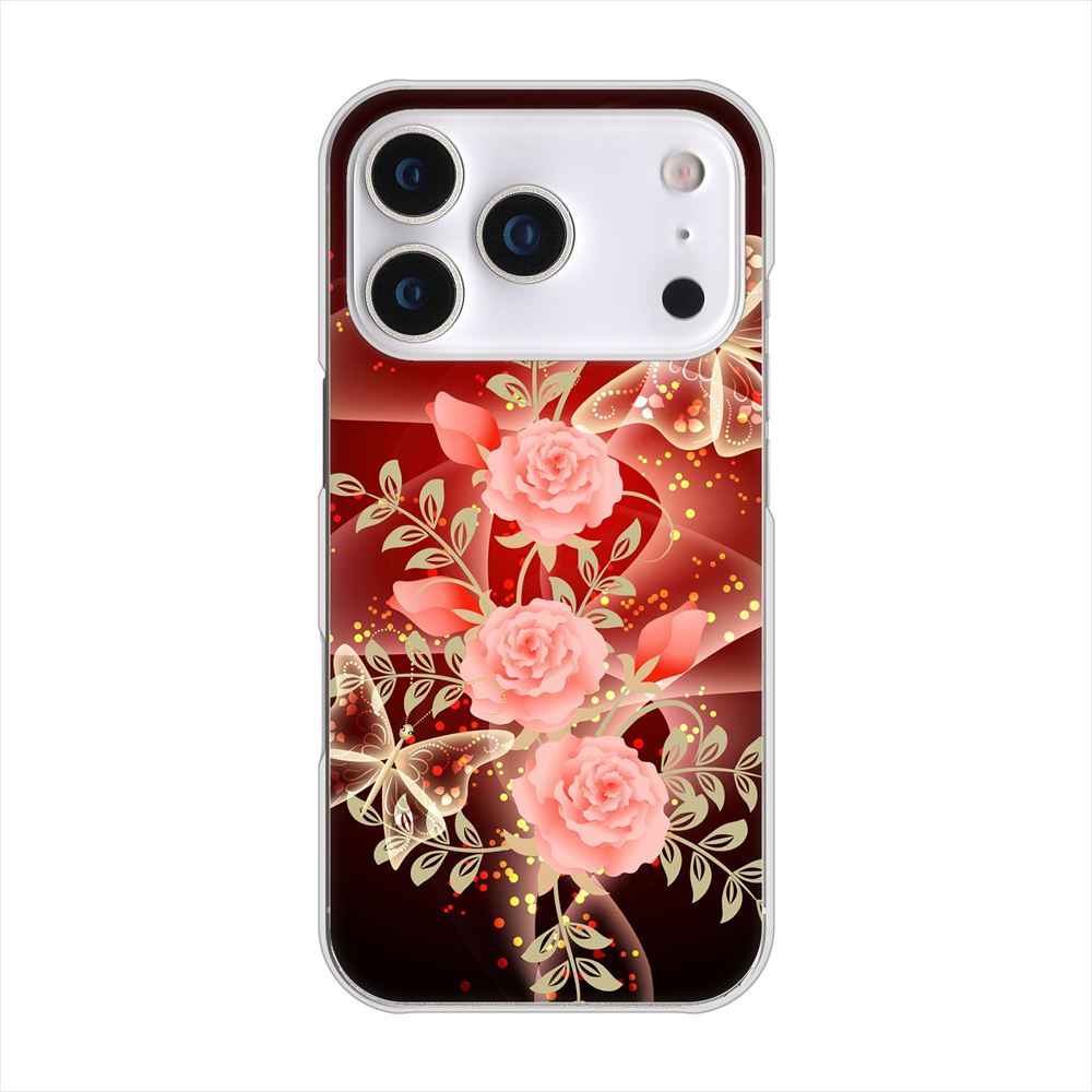 iPhone 18 Pro 高画質仕上げ 背面印刷 ハードケース 【VA824 魅惑の蝶とピンクのバラ】