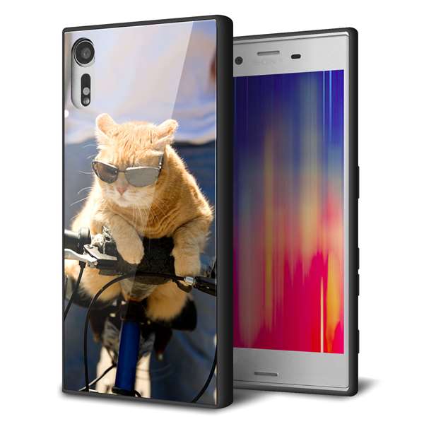 Xperia XZ 601SO SoftBank 強化ガラス&TPUスマホケース ガラプリ【595 にゃんとサイクル】