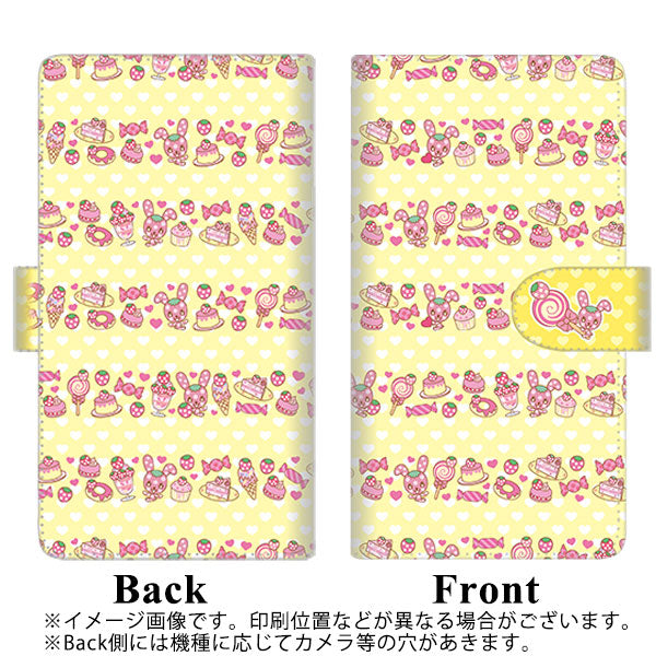 docomo らくらくスマートフォン3 F-06F 高画質仕上げ プリント手帳型ケース(通常型)【AG863 イチゴウサギ(ラビベリー)のボーダースイーツ イエロー】