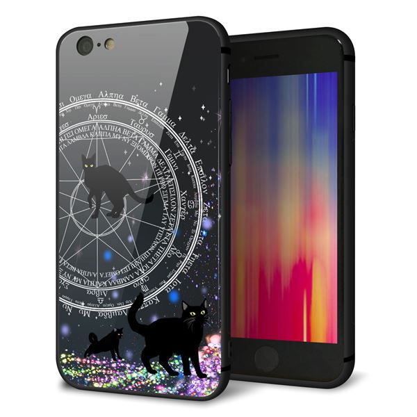 iPhone 6 強化ガラス&TPUスマホケース ガラプリ【YJ330 魔法陣猫 キラキラ 黒猫】