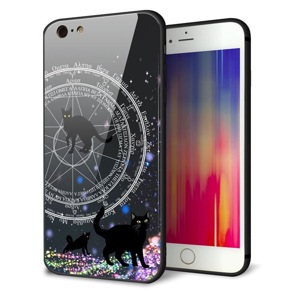 iPhone 6s Plus 強化ガラス&TPUスマホケース ガラプリ【YJ330 魔法陣猫 キラキラ 黒猫】