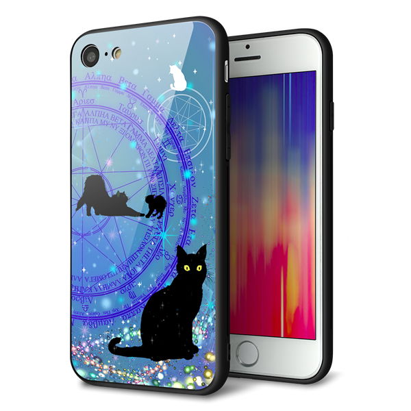 iPhone 8 強化ガラス&TPUスマホケース ガラプリ【YJ327 魔法陣猫 キラキラ かわいい】