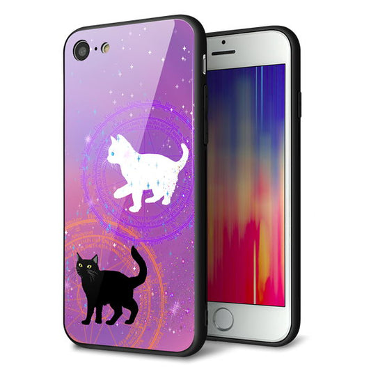 iPhone 8 強化ガラス&TPUスマホケース ガラプリ【YJ328 魔法陣猫 キラキラ かわいい ピンク】