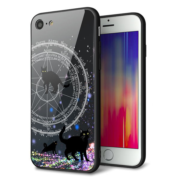 iPhone 8 強化ガラス&TPUスマホケース ガラプリ【YJ330 魔法陣猫 キラキラ 黒猫】