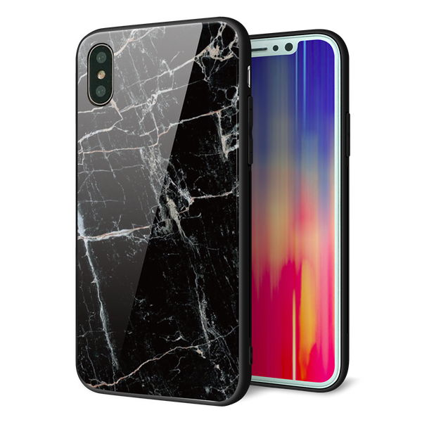 iPhone X 強化ガラス&TPUスマホケース ガラプリ【KM867 大理石BK】