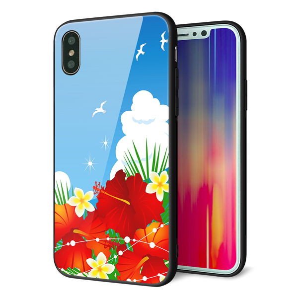 iPhone X 強化ガラス&TPUスマホケース ガラプリ【VA821 ハイビスカスと青空】