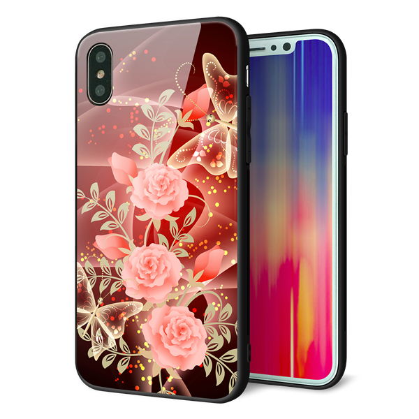 iPhone X 強化ガラス&TPUスマホケース ガラプリ【VA824 魅惑の蝶とピンクのバラ】