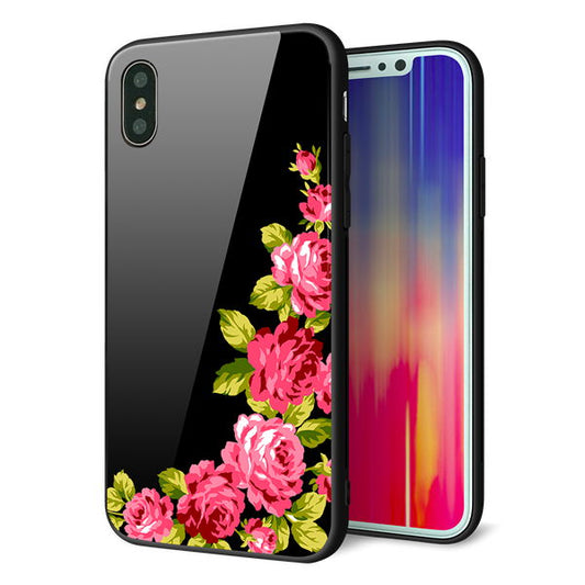 iPhone X 強化ガラス&TPUスマホケース ガラプリ【VA826 バラのフレーム(黒)】