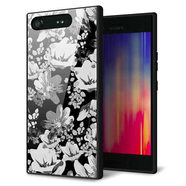 Xperia XZ1 SO-01K docomo 強化ガラス&TPUスマホケース ガラプリ【SC913 花柄モノトーン 02】