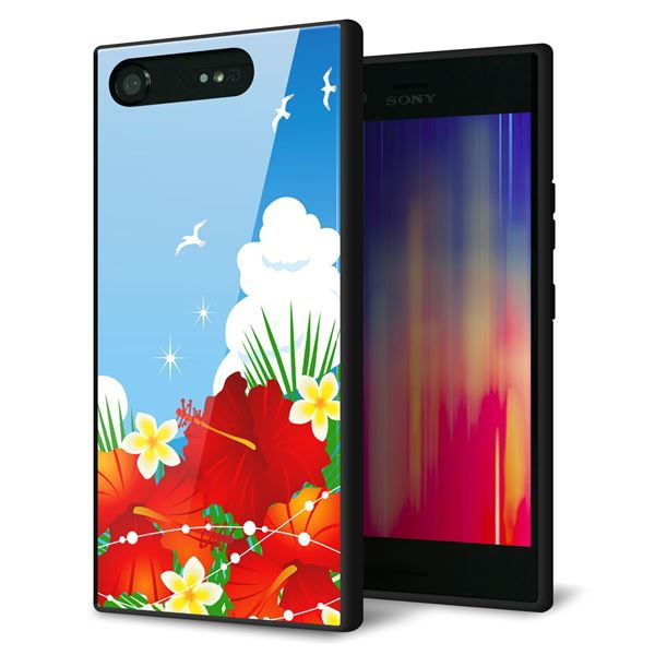 Xperia XZ1 SOV36 au 強化ガラス&TPUスマホケース ガラプリ【VA821 ハイビスカスと青空】