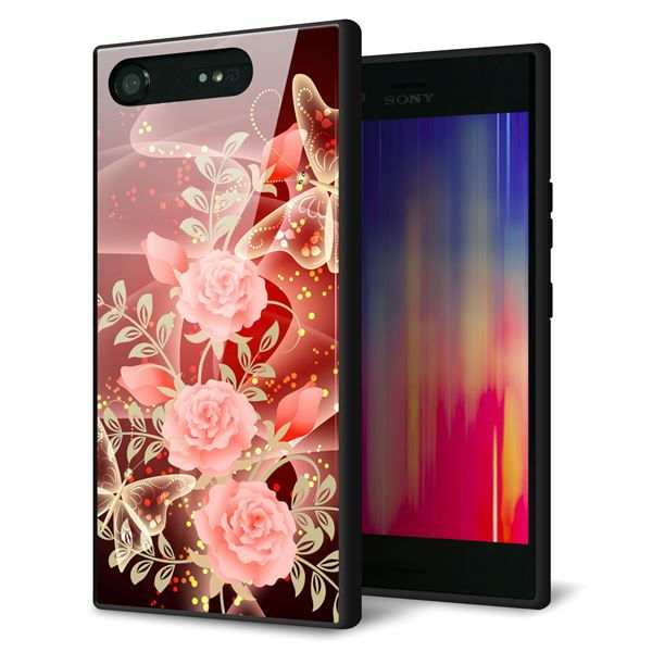 Xperia XZ1 SOV36 au 強化ガラス&TPUスマホケース ガラプリ【VA824 魅惑の蝶とピンクのバラ】