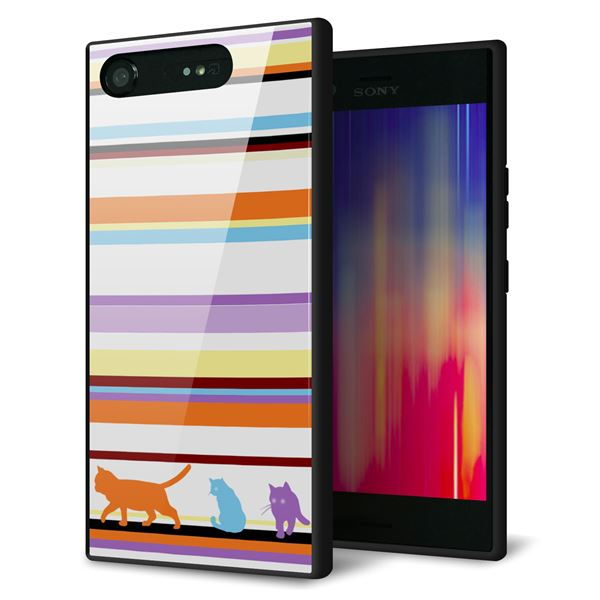 Xperia XZ1 SOV36 au 強化ガラス&TPUスマホケース ガラプリ【YA887 ストライプネコ01】
