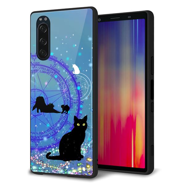 Xperia 5 SOV41 au 強化ガラス&TPUスマホケース ガラプリ【YJ327 魔法陣猫 キラキラ かわいい】