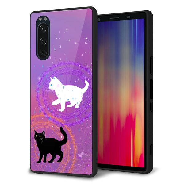 Xperia 5 SOV41 au 強化ガラス&TPUスマホケース ガラプリ【YJ328 魔法陣猫 キラキラ かわいい ピンク】