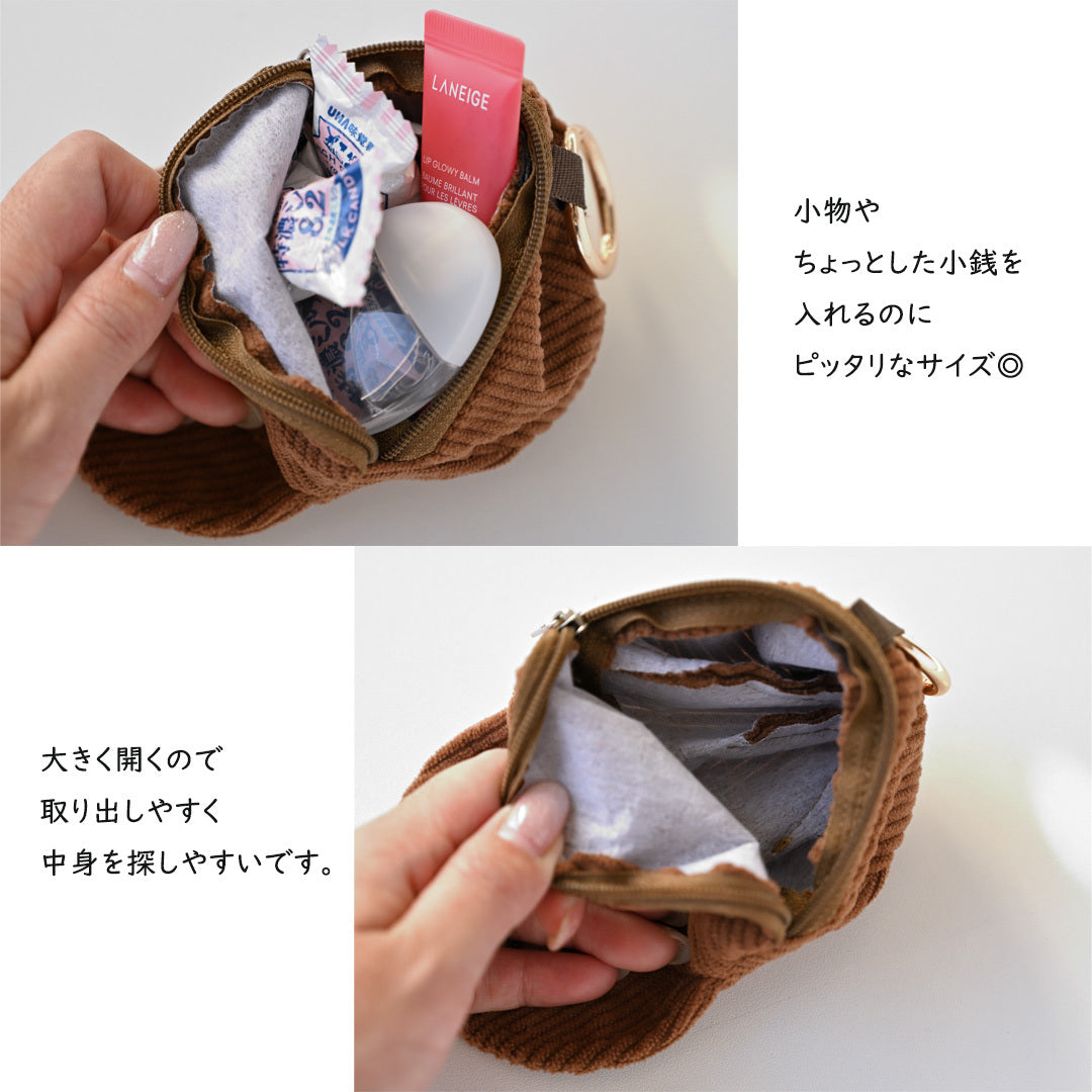 コーデュロイ キャップポーチ 刺繍 猫 小物入れ
