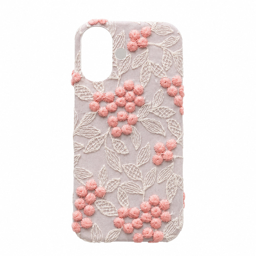 iPhone 17 ぷっくりミモザ 刺繍 くすみカラー まるっと全貼りハードケース