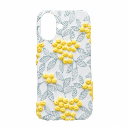 iPhone 17 ぷっくりミモザ 刺繍 くすみカラー まるっと全貼りハードケース