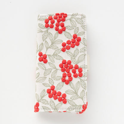 iPhone 15 ぷっくりミモザ 刺繍 サイドマグネット スマホケース 手帳型