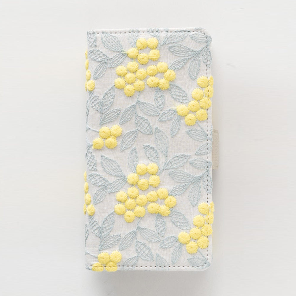 OPPO Reno7 A ぷっくりミモザ 刺繍 サイドマグネット スマホケース 手帳型