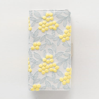 OPPO Reno7 A ぷっくりミモザ 刺繍 サイドマグネット スマホケース 手帳型