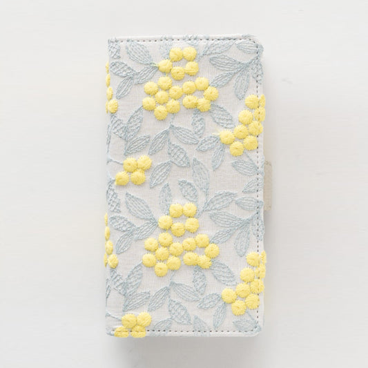 iPhone 18 Pro Max ぷっくりミモザ 刺繍 サイドマグネット スマホケース 手帳型