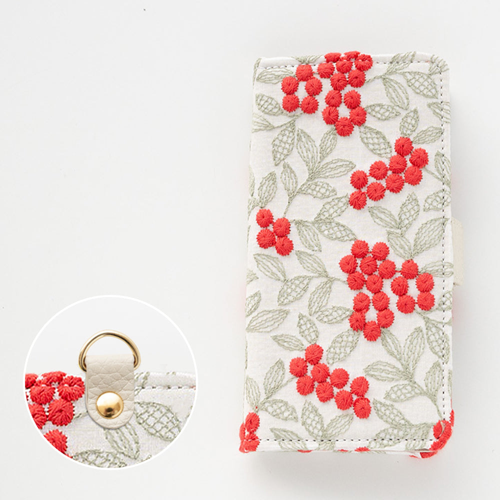 iPhone 18 Pro ぷっくりミモザ 刺繍 サイドマグネット スマホケース 手帳型