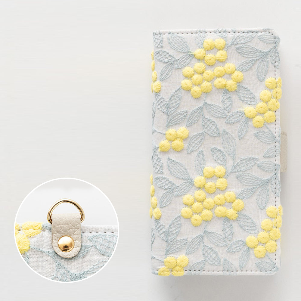 iPhone 18 Pro ぷっくりミモザ 刺繍 サイドマグネット スマホケース 手帳型
