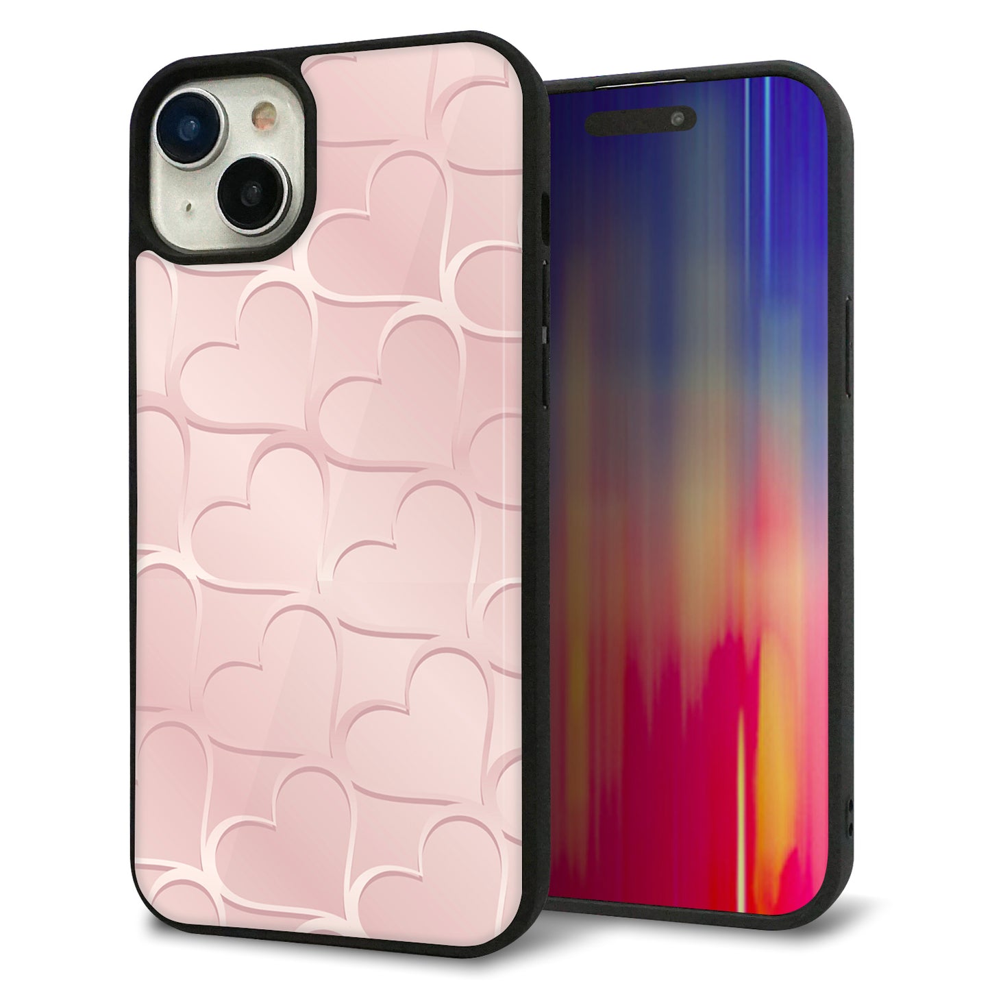 iPhone 15 Plus 強化ガラス＆TPUスマホケース ガラプリ【1340 かくれハート（ローズピンク）】