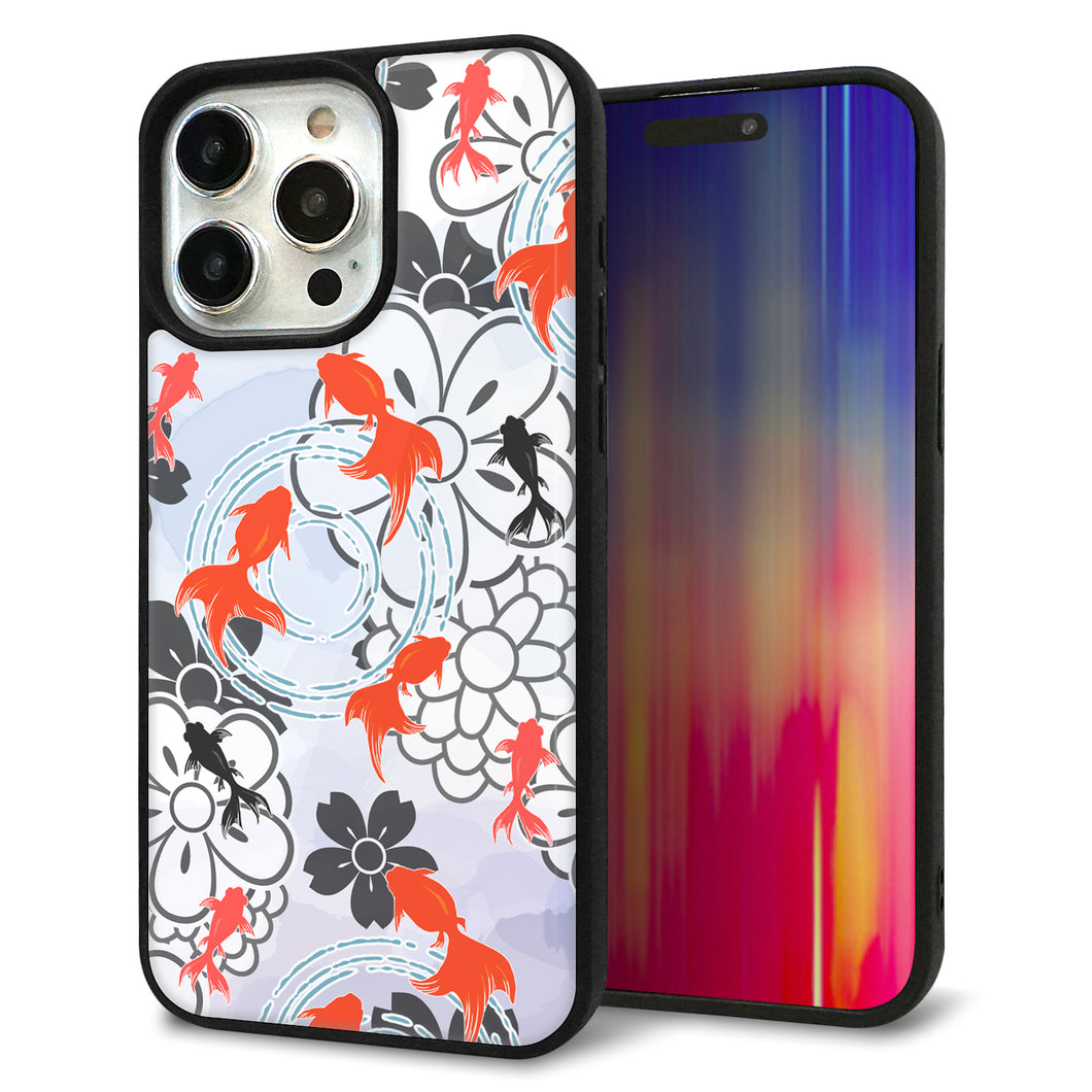 iPhone 15 Pro Max 強化ガラス＆TPUスマホケース ガラプリ【HA216 金魚 花柄 グレー】