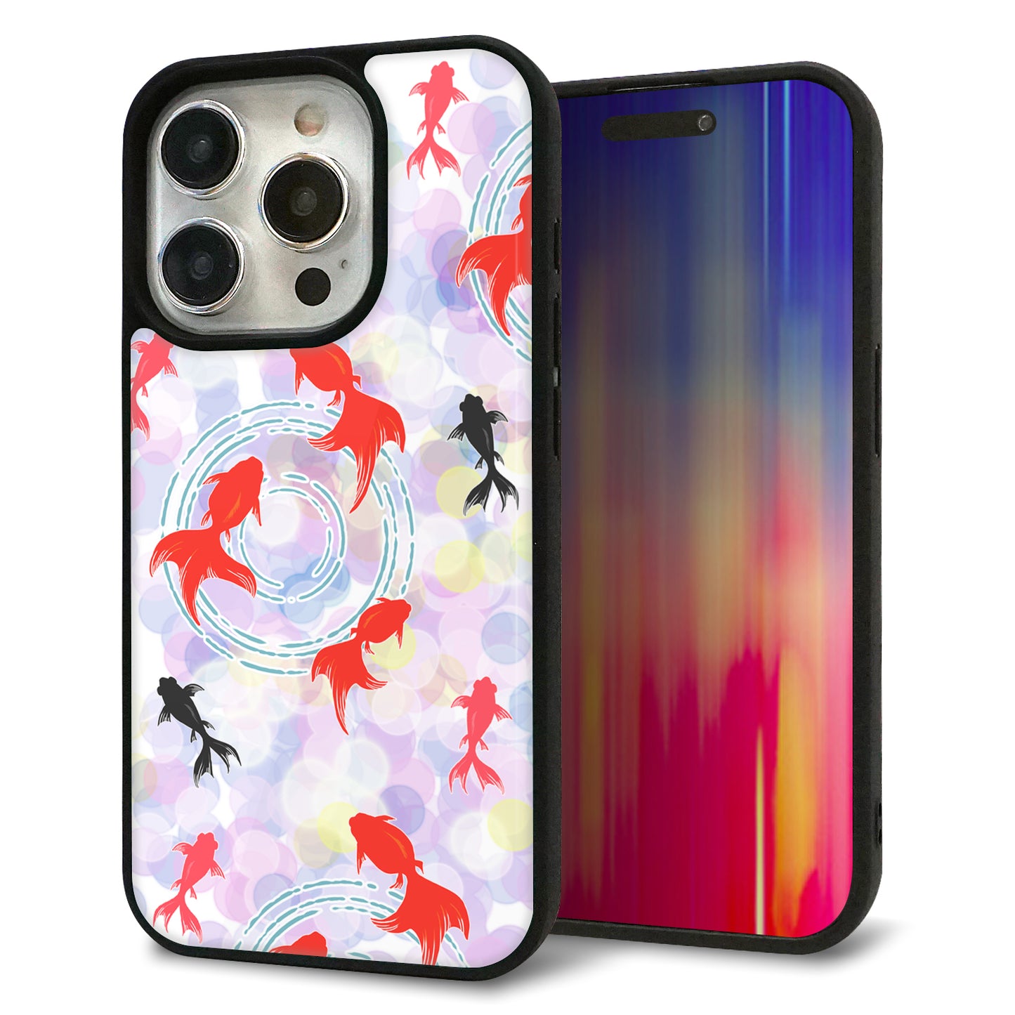 iPhone 15 Pro 強化ガラス＆TPUスマホケース ガラプリ【HA220 金魚 点々 パープル】