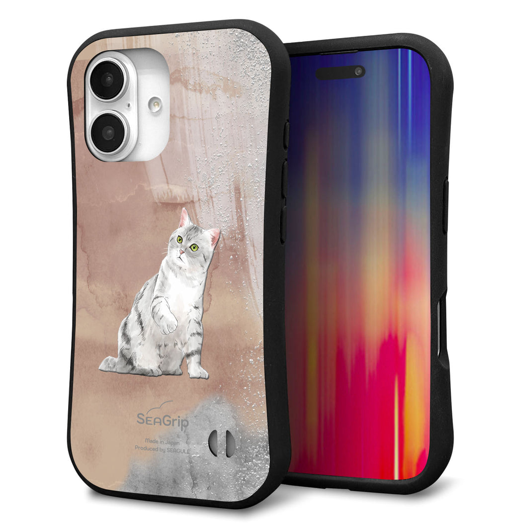 iPhone 16 スマホケース 「SEA Grip」 グリップケース Sライン 【HA166 アメリカンショートヘア+くすみカラー】 UV印刷