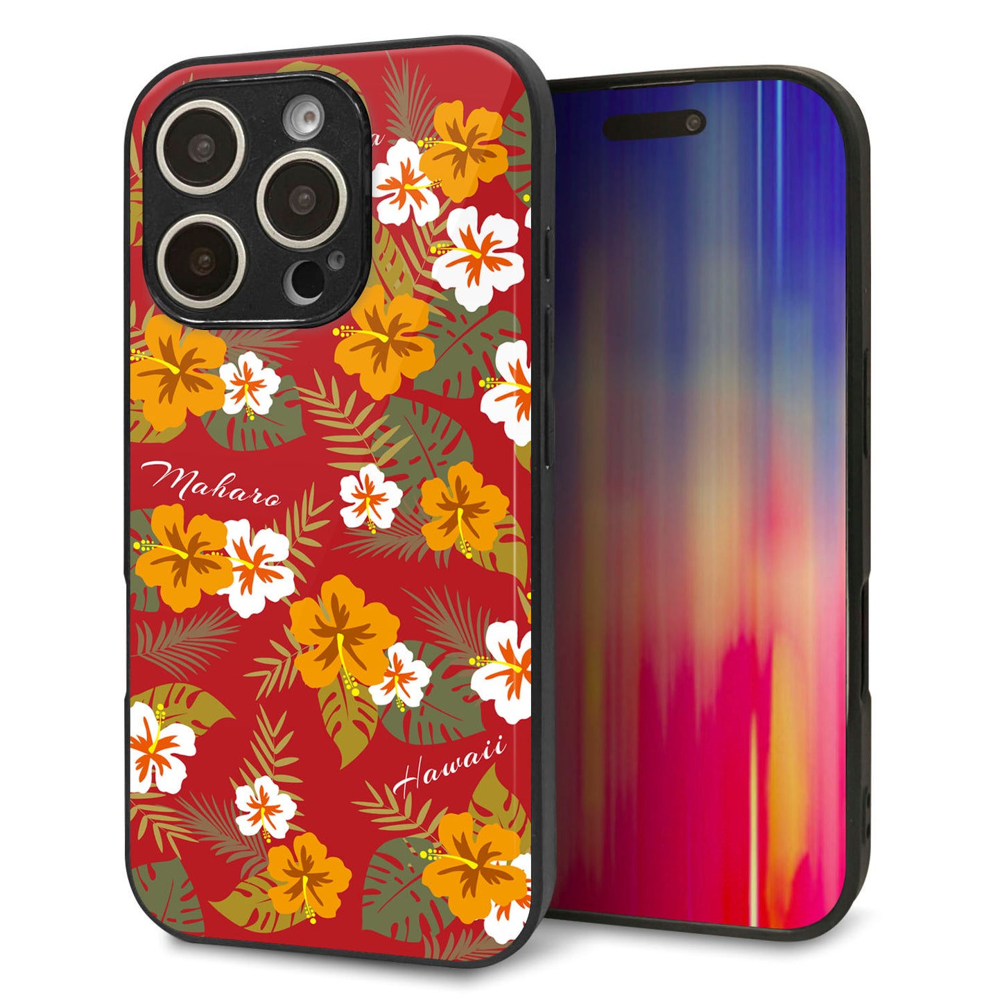 iPhone 16 Pro 強化ガラス＆TPUスマホケース ガラプリ【SC885 ハワイアンアロハレトロ（レッド）】