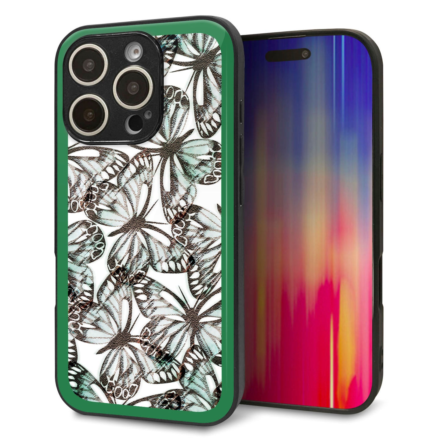 iPhone 16 Pro 強化ガラス＆TPUスマホケース ガラプリ【SC902 ガーデンバタフライ グリーン】