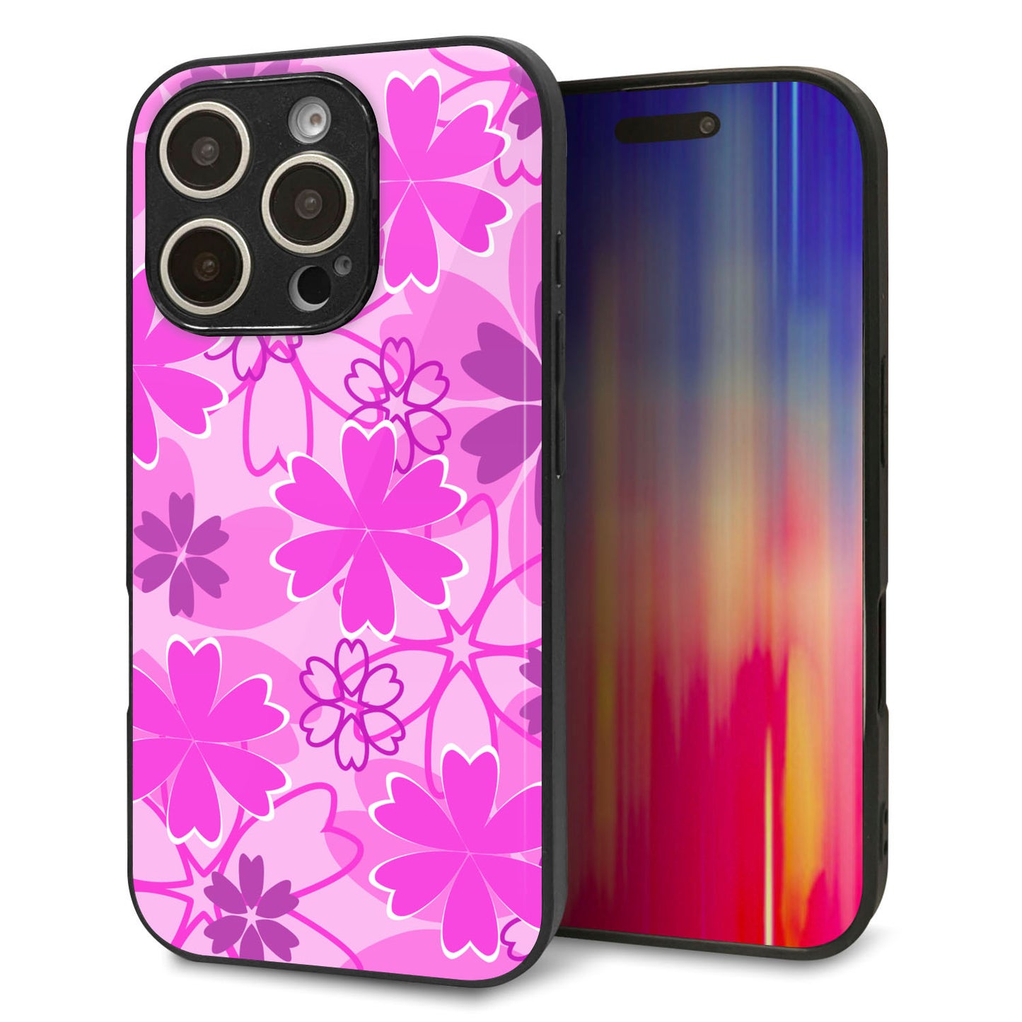 iPhone 16 Pro 強化ガラス＆TPUスマホケース ガラプリ【VA961 重なり合う花 ピンク】