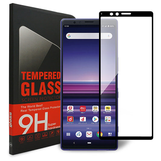 Xperia 1 802SO SoftBank 強化ガラス液晶保護フィルム 0.5mm 表面硬度9H 衝撃吸収 指紋防止 防水