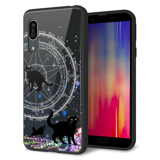 Android One S7 強化ガラス＆TPUスマホケース ガラプリ【YJ330 魔法陣猫　キラキラ 黒猫】