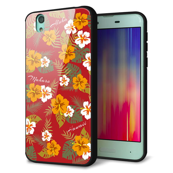 AQUOS sense SHV40 au 強化ガラス＆TPUスマホケース ガラプリ【SC885 ハワイアンアロハレトロ（レッド）】