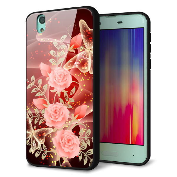AQUOS sense SHV40 au 強化ガラス＆TPUスマホケース ガラプリ【VA824 魅惑の蝶とピンクのバラ】